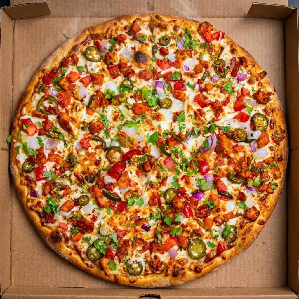 Spicy Butter Chicken Pizza at Lava Pizza YYC Calgary — rich butter chicken sauce and 100% Canadian mozzarella on fresh dough