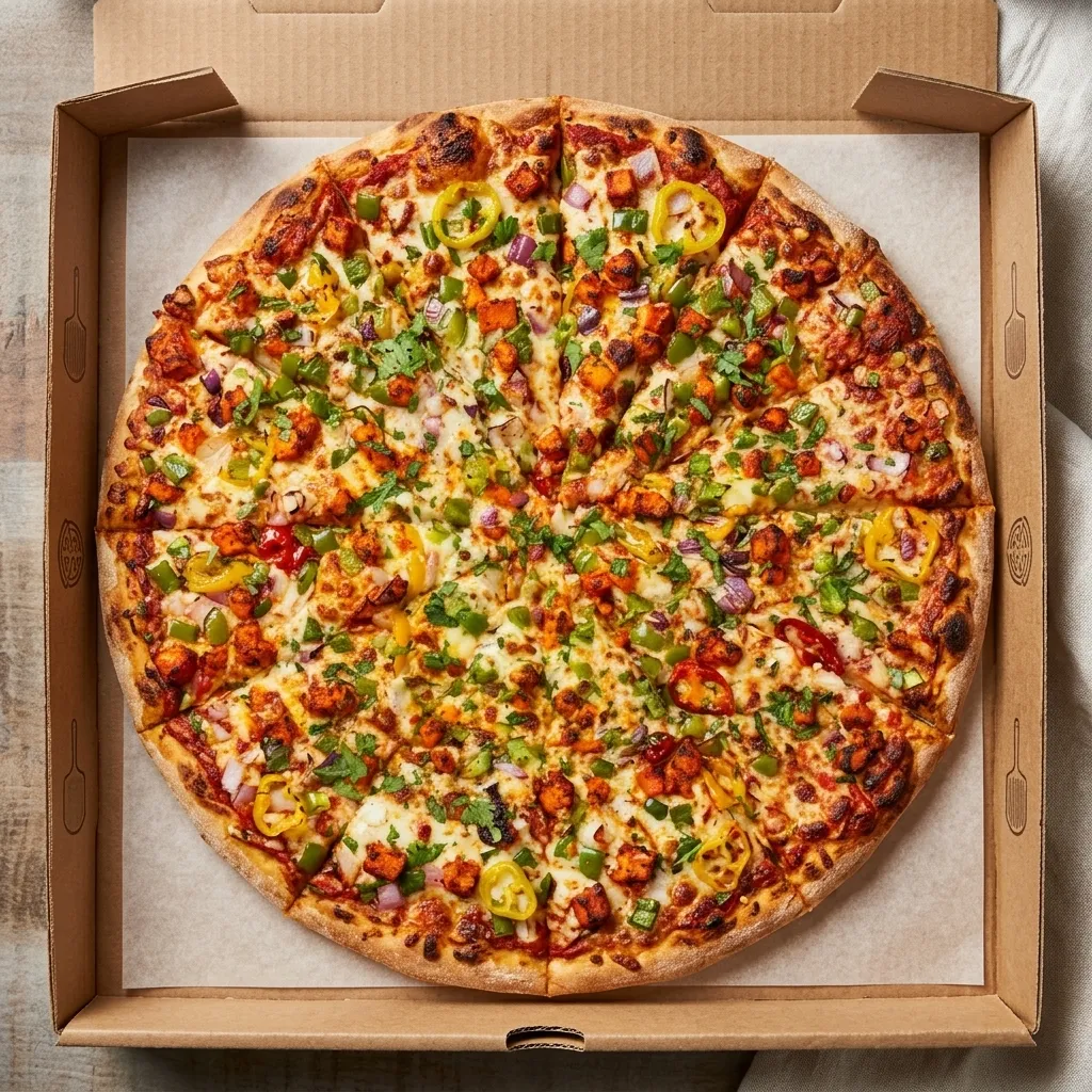 Tandoori Paneer Pizza at Lava Pizza YYC Calgary — marinated paneer, bold spices and 100% Canadian mozzarella on fresh dough